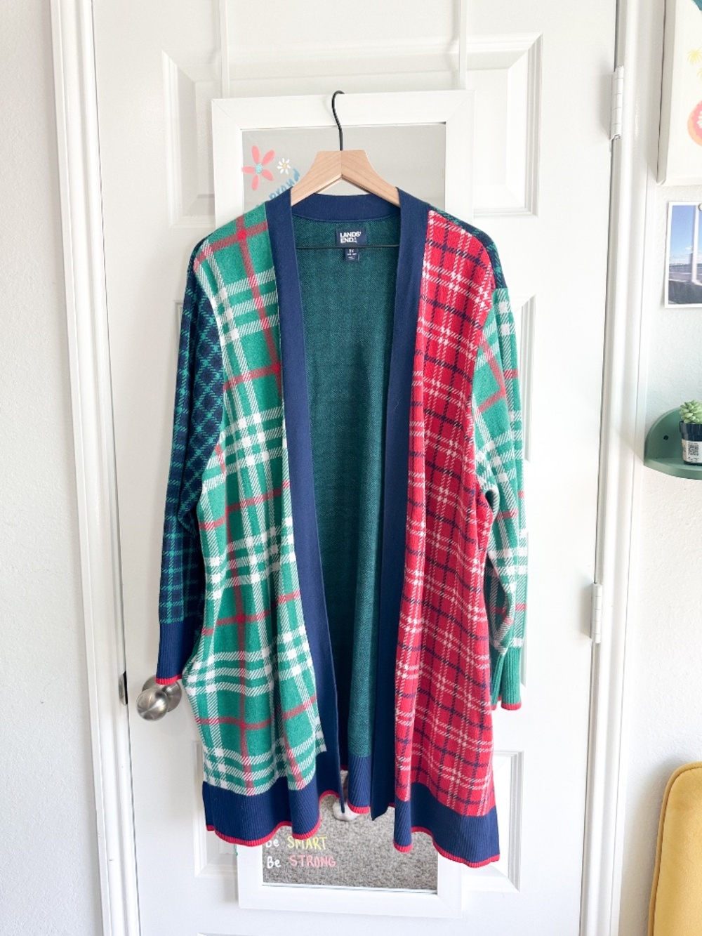 Lands' End 3X Mixed Tartan Plaid Colorblock Longline Open Cardigan